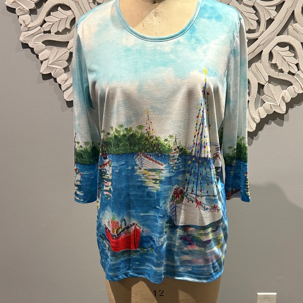 Vintage Coral Bay Christmas tropical theme Blue Women's Top XL excellent